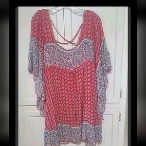 Free People Dress Gypsy Flowy Cross Back Tribal Print Medium Flutter Sleeve